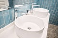 Two sinks in the bathroom sink next to stylish decorations. A beautiful sink with a metal faucet next to an mirror and a Royalty Free Stock Photo