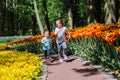 Two sister girls having fun in multicolor tulips on tulip fields. Child in tulip flower field in Holland. Kid in magical