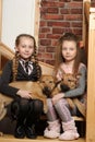 Two sister girls with puppies Royalty Free Stock Photo