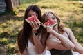 Two sisters, blowing soap bubbles in park, Young pretty girls, wearing jeans shorts, green khaki beige tops, having fun outside. Royalty Free Stock Photo