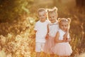 two sisters and brother are playing, hugging in the field on summer. children playing outdoors and smiling on sunset Royalty Free Stock Photo