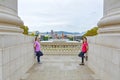 Two sisters in front of the Magic Fountain in Montjuic, Barcelona, Spain