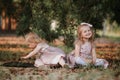 Two sisters playing in the park. Happy childhood: Little girls having fun Royalty Free Stock Photo