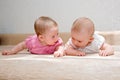 Two sisters, twin baby girls Royalty Free Stock Photo