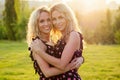 Two sisters twins beautiful curly blonde happy young toothy smile women in stylish dress hugging in the summer park Royalty Free Stock Photo