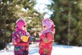 Two sisters twins in bright pink jackets in the winter against the background of snow-covered trees. Girls drink hot cocoa with ma