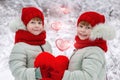 Two sisters twins are holding together a plushy heart.