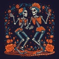 Two skeleton one male, the other female dancing around orange flowers, roses. For the day of the dead and Halloween, a dark Royalty Free Stock Photo