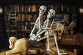 Two skeletons riding antique hobby horse in old library