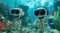 Two skeletons wearing virtual reality headsets in an underwater scene, AI