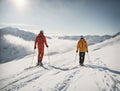 Two skiers walking in the winter mountains