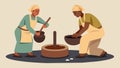 Two skilled artisans work side by side using large stone metates to grind roasted cocoa beans into a fine rich paste Royalty Free Stock Photo