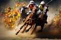 Two skilled jockeys energetically race their horses to the finish line, striving for victory, Colorful scene from a polo match, AI