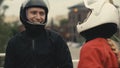 Two skydivers in protective helmets are talking. Skydivers preparing to fly Royalty Free Stock Photo