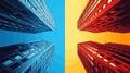 Two skyscrapers merging with contrasting blue and red tones, creating dynamic abstract