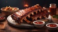 Two slabs of delicious BBQ spare ribs with dipping sauce Royalty Free Stock Photo