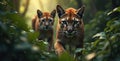 Two sleek cats prowl through dense jungle foliage. Wide-angle, dramatic lighting captures stealthy predators exploring green, Royalty Free Stock Photo