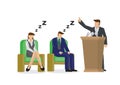 Two sleepy and bored employees at a business speaking presentation. Showing a problem and failure in the company culture. Vector