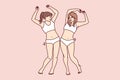 Slender women in swimsuits bumping hips rejoice at result of losing weight after diet. Vector image