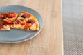 Two slice of homemade cheese pizza with salami, olives and cherry tomato on gray plate on wooden table, selective focus. Hot tasty Royalty Free Stock Photo