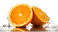 Two slice of orange fruit with some water splash or splatter look fresh and reflective on the water, white background Royalty Free Stock Photo