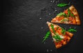 Two slice of Pizza with Mozzarella cheese, salmon fish, tomato sauce, arugula. Italian pizza Royalty Free Stock Photo