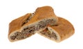 Two slices of a baked steak stromboli