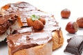 Two slices of bread with chocolate cream and hazelnuts closeup