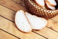 Two slices of bread near wicker breadbascked Royalty Free Stock Photo