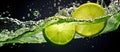 Two slices of citrus fruit falling into liquid water Royalty Free Stock Photo