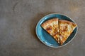 Two slices of delicious pizza on a designer loft-style porcelain plate. View from above