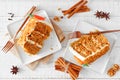Two slices of homemade carrot cake with cream cheese frosting, top view table scene over white wood Royalty Free Stock Photo