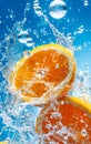 Two slices of oranges are being splashed with water Royalty Free Stock Photo