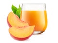 Two slices of peach fruit and glass of peach juice isolated on white Royalty Free Stock Photo