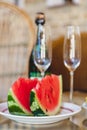 Two slices of red watermelon on white plate Royalty Free Stock Photo