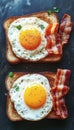 Two slices of toasted white bread topped with fried egg and crispy bacon strips on dark background. Royalty Free Stock Photo