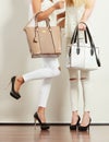 Two slim women in with leather bags handbags.