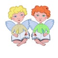 Two small angel with book and pen