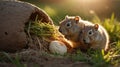 Adorable Ground Squirrels near Burrow at Golden Hour Royalty Free Stock Photo