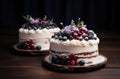 Two small baked cakes on a plate decorated with cherries, blackberries and flowers, dark wooden table