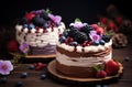 Two small baked cakes on a plate decorated with cherries, blackberries and flowers, dark wooden table