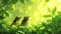 Two Little Birds Singing in Green Lush Foliage under Sunny Morning Light Royalty Free Stock Photo