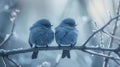 Two small birds sitting on a branch with frosted leaves, AI Royalty Free Stock Photo