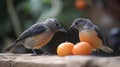 two small birds standing next to each other on a table with oranges on the table and a tree in the back ground behind them Royalty Free Stock Photo