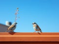 two small birds standing on top of a roof