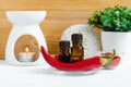 Two small bottles with red chili pepper extract tincture, infusion and fresh chili pepper pod. Royalty Free Stock Photo