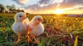 Two small chicken chicks are standing in green grass during the sunset Royalty Free Stock Photo