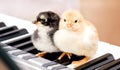 Two small chicks on the piano keys. Performing a musical play a duet_ Royalty Free Stock Photo