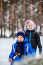 Two small children with sleds in the forest. Family walk in the woods