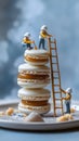 Two small construction figures are working to stack macarons at a dessert table. Royalty Free Stock Photo